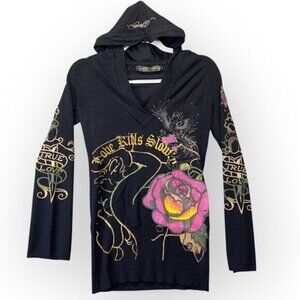 Y2k style love kills Ed Hardy x Christian Audigier heart dagger Hoodie size M